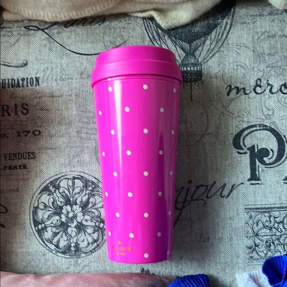 Kate Spade  Hot Pink Polka Dot Travel Tumbler